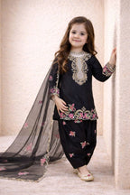 Evanik Black Designer Party Wear Heavy Natural Crep Kids Patiala Set | Grocsy