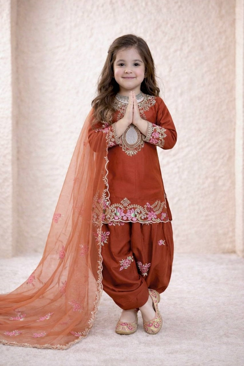 Evanik Orange Designer Party Wear Heavy Natural Crep Kids Patiala Set | Grocsy