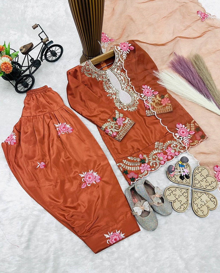 Evanik Orange Designer Party Wear Heavy Natural Crep Kids Patiala Set | Grocsy