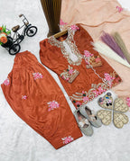 Evanik Orange Designer Party Wear Heavy Natural Crep Kids Patiala Set | Grocsy