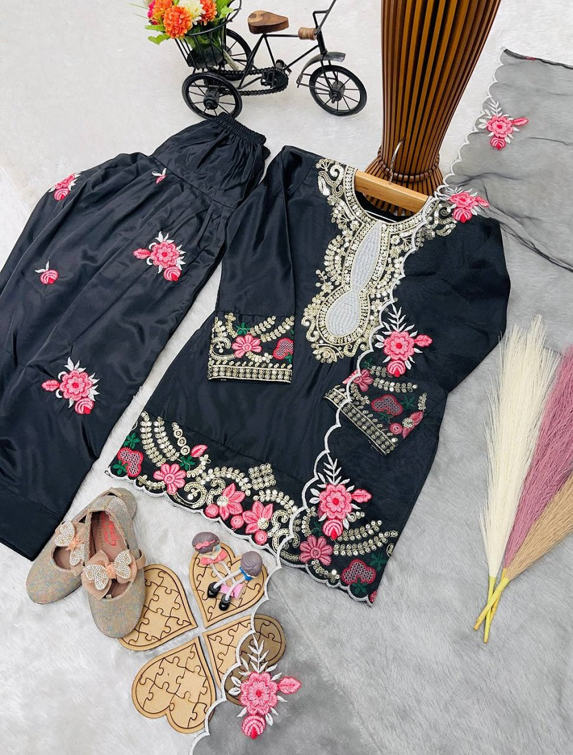 Evanik Black Designer Party Wear Heavy Natural Crep Kids Patiala Set | Grocsy