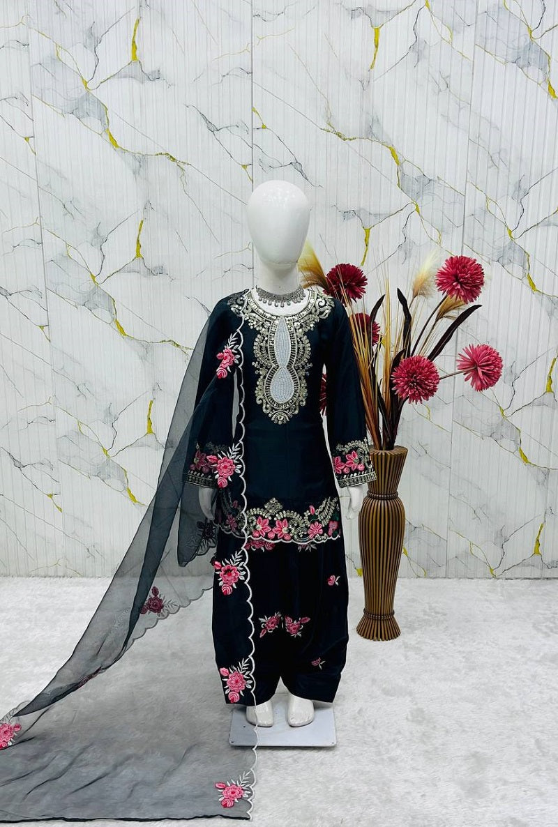 Evanik Black Designer Party Wear Heavy Natural Crep Kids Patiala Set | Grocsy