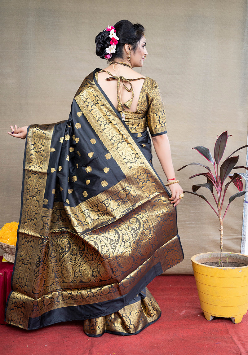 Monjolika Fashion Black Banarasi Silk Blend Saree With Golden Zari Work | Grocsy