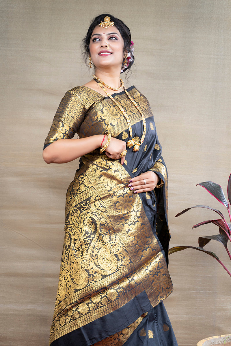 Monjolika Fashion Black Banarasi Silk Blend Saree With Golden Zari Work | Grocsy
