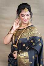 Monjolika Fashion Black Banarasi Silk Blend Saree With Golden Zari Work | Grocsy