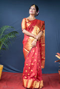 Monjolika Fashion Red Banarasi Silk Blend Saree With Golden Zari Work | Grocsy