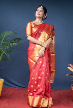 Monjolika Fashion Red Banarasi Silk Blend Saree With Golden Zari Work | Grocsy