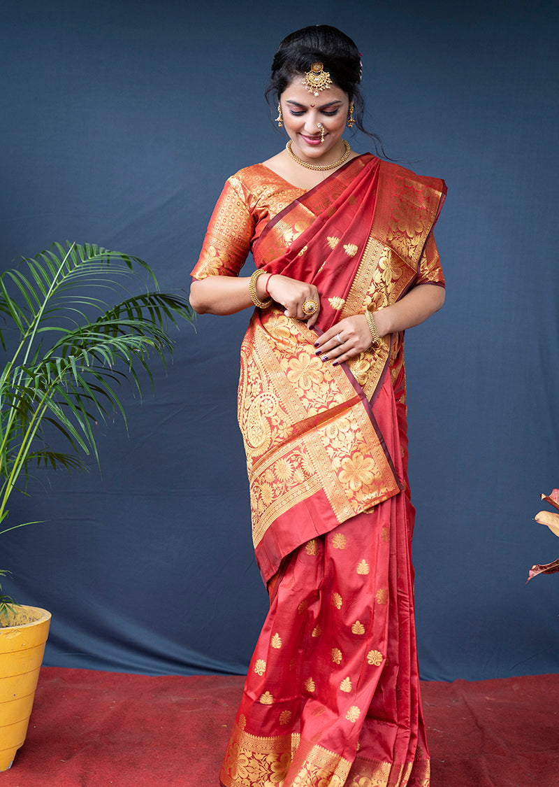 Monjolika Fashion Red Banarasi Silk Blend Saree With Golden Zari Work | Grocsy