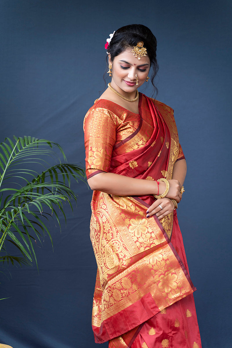 Monjolika Fashion Red Banarasi Silk Blend Saree With Golden Zari Work | Grocsy