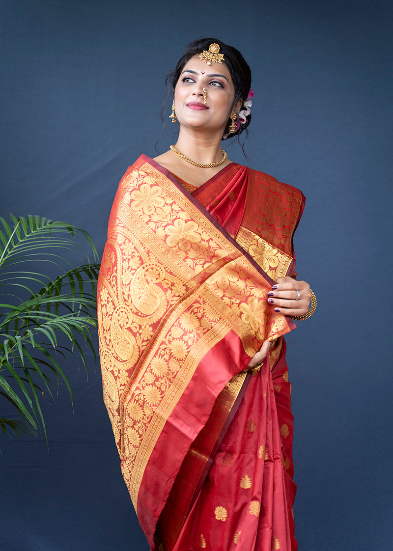 Monjolika Fashion Red Banarasi Silk Blend Saree With Golden Zari Work | Grocsy