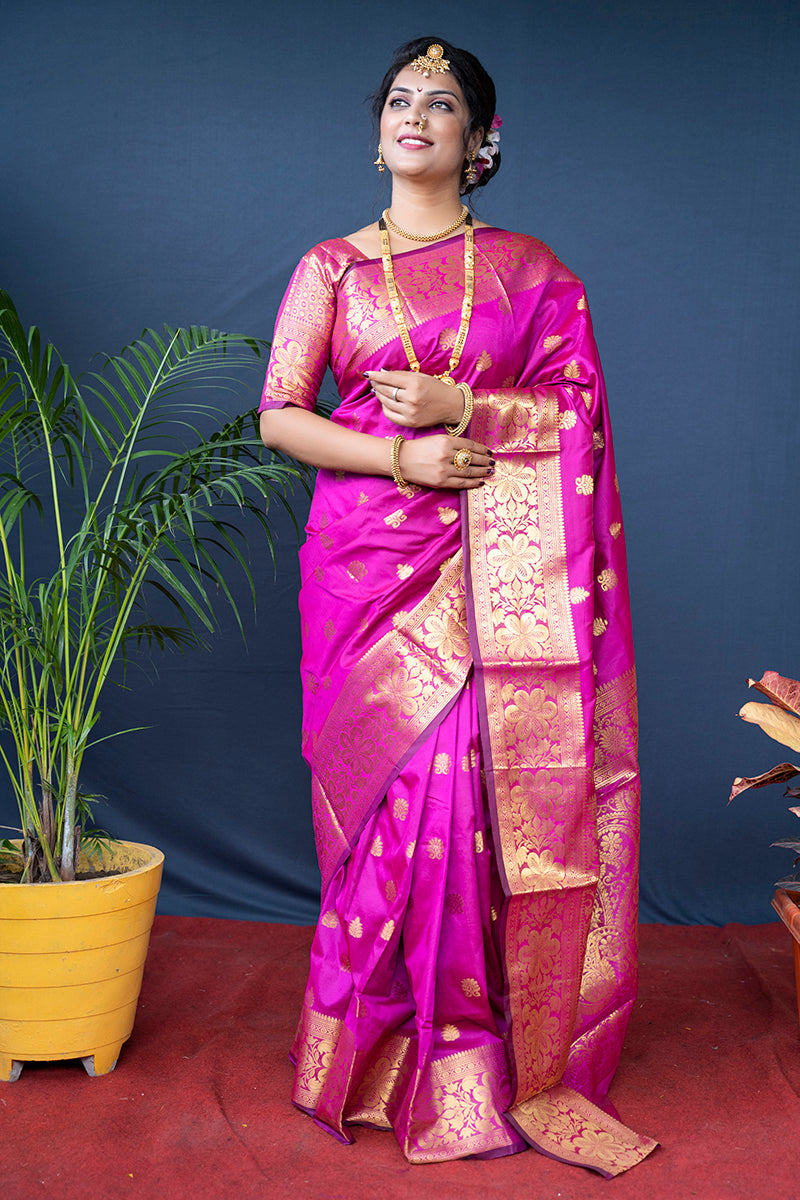 Monjolika Fashion Rani Pink Banarasi Silk Blend Saree With Golden Zari Work | Grocsy