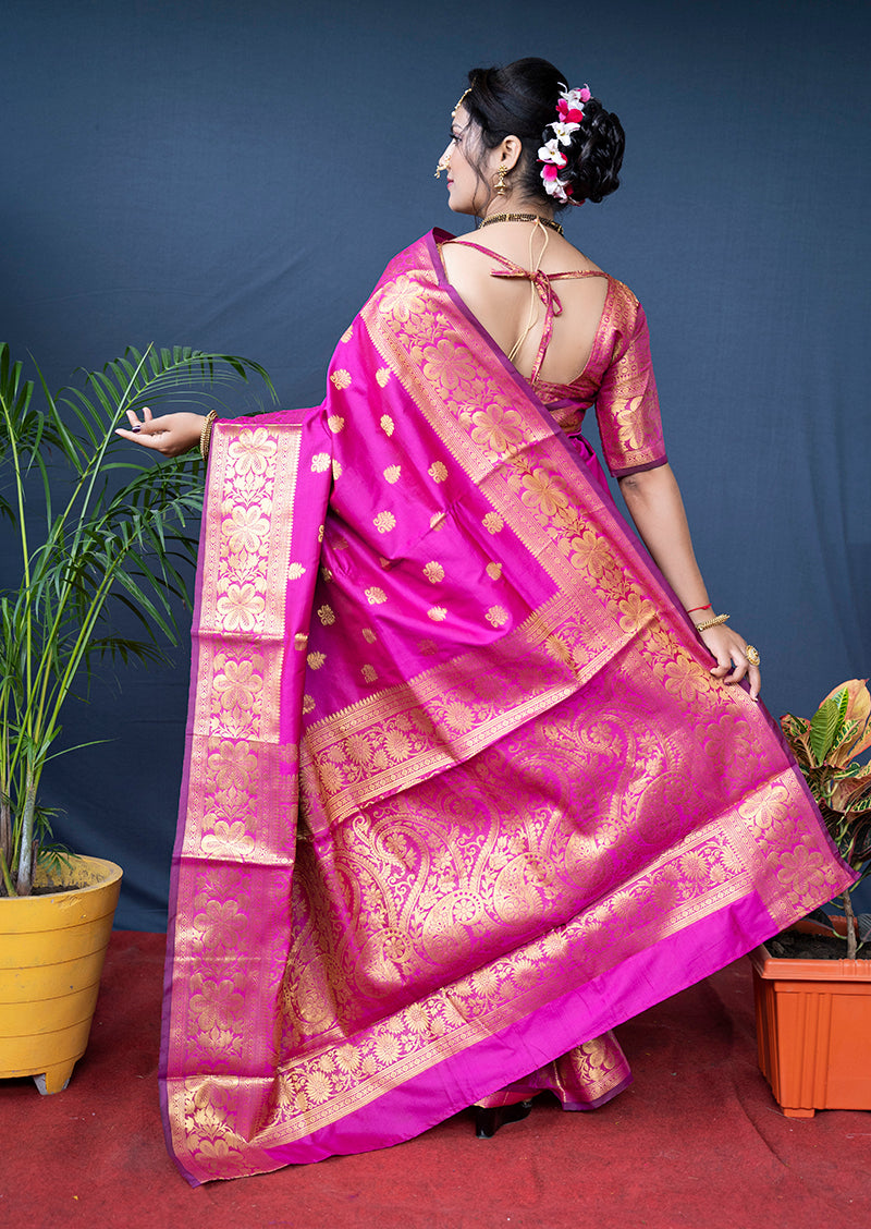 Monjolika Fashion Rani Pink Banarasi Silk Blend Saree With Golden Zari Work | Grocsy