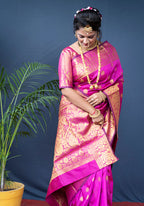 Monjolika Fashion Rani Pink Banarasi Silk Blend Saree With Golden Zari Work | Grocsy