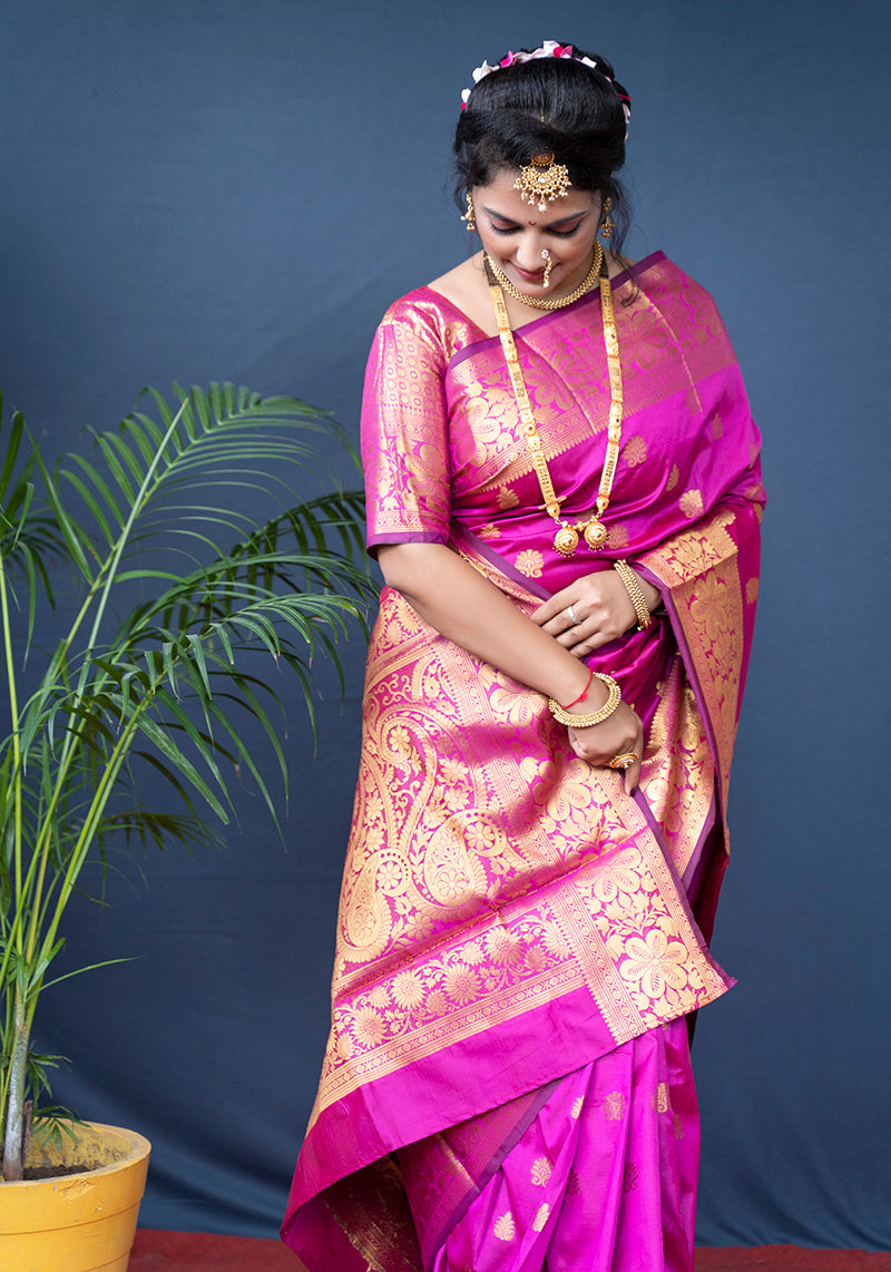 Monjolika Fashion Rani Pink Banarasi Silk Blend Saree With Golden Zari Work | Grocsy