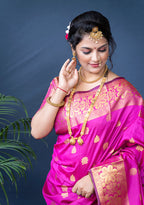 Monjolika Fashion Rani Pink Banarasi Silk Blend Saree With Golden Zari Work | Grocsy