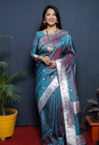 Monjolika Fashion Teal Blue Paithani Silk Blend Saree with Silver Zari Border | Grocsy