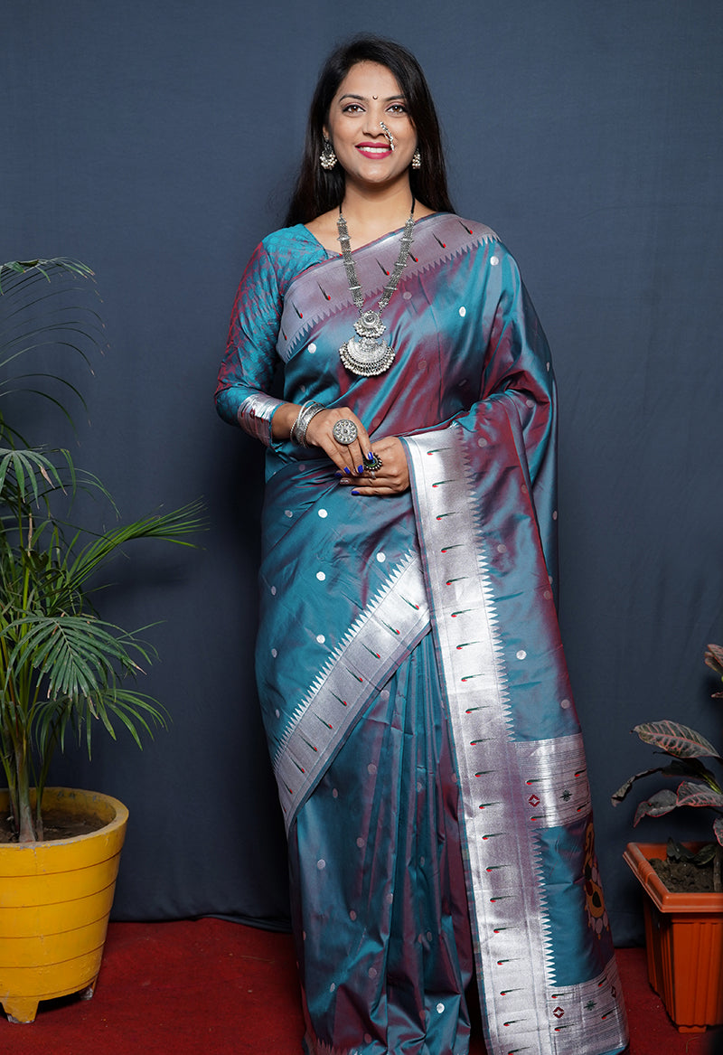 Monjolika Fashion Teal Blue Paithani Silk Blend Saree with Silver Zari Border | Grocsy