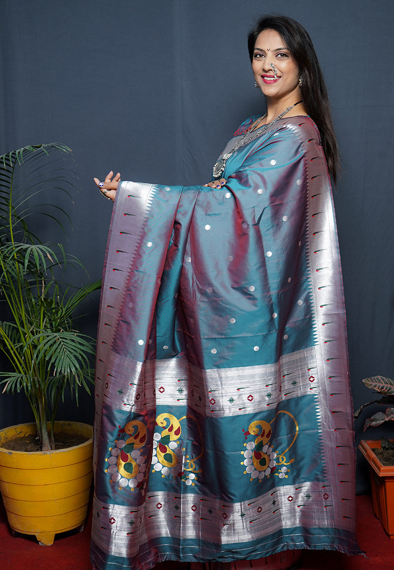 Monjolika Fashion Teal Blue Paithani Silk Blend Saree with Silver Zari Border | Grocsy