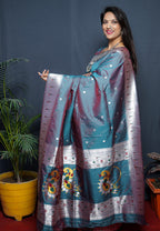 Monjolika Fashion Teal Blue Paithani Silk Blend Saree with Silver Zari Border | Grocsy