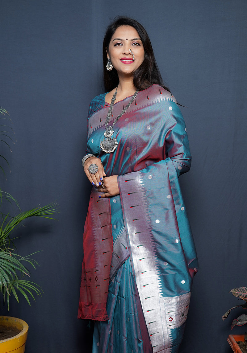 Monjolika Fashion Teal Blue Paithani Silk Blend Saree with Silver Zari Border | Grocsy