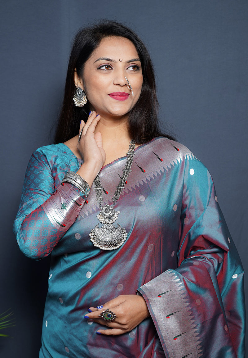 Monjolika Fashion Teal Blue Paithani Silk Blend Saree with Silver Zari Border | Grocsy