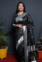 Monjolika Fashion Black Paithani Silk Blend Saree with Silver Zari Border | Grocsy