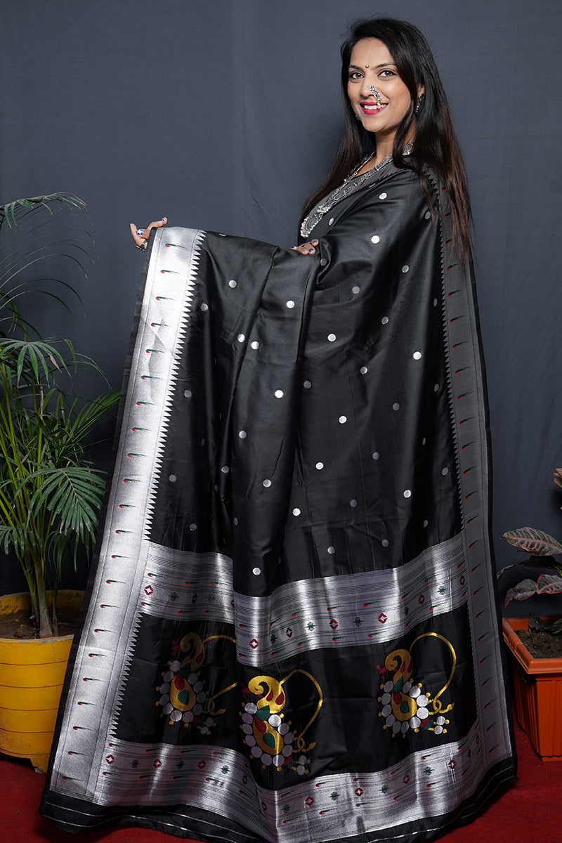 Monjolika Fashion Black Paithani Silk Blend Saree with Silver Zari Border | Grocsy