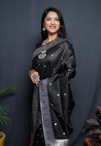 Monjolika Fashion Black Paithani Silk Blend Saree with Silver Zari Border | Grocsy