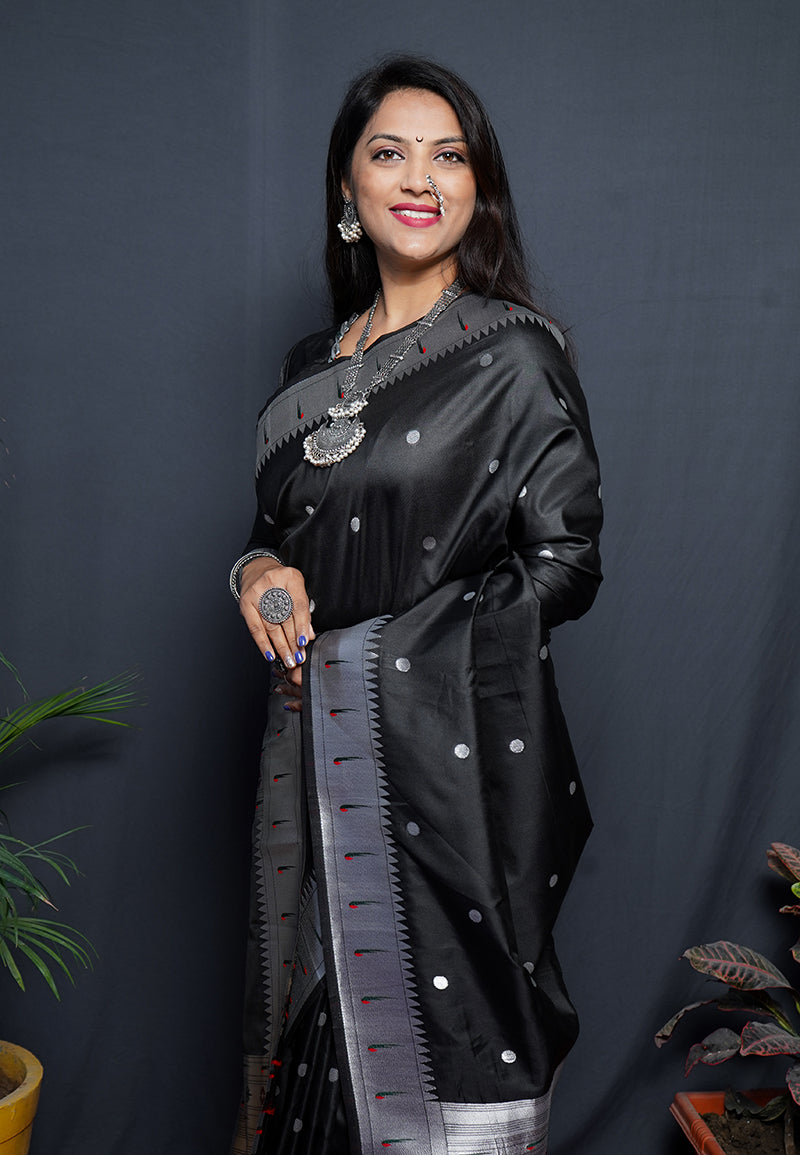 Monjolika Fashion Black Paithani Silk Blend Saree with Silver Zari Border | Grocsy