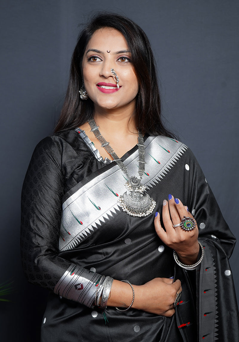 Monjolika Fashion Black Paithani Silk Blend Saree with Silver Zari Border | Grocsy