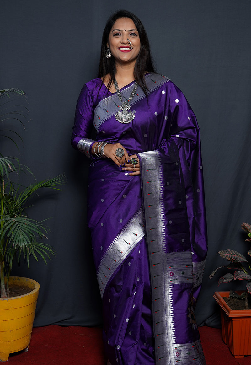 Monjolika Fashion Purple Paithani Silk Blend Saree with Silver Zari Border | Grocsy