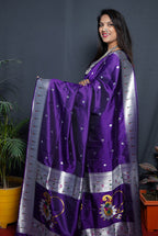 Monjolika Fashion Purple Paithani Silk Blend Saree with Silver Zari Border | Grocsy