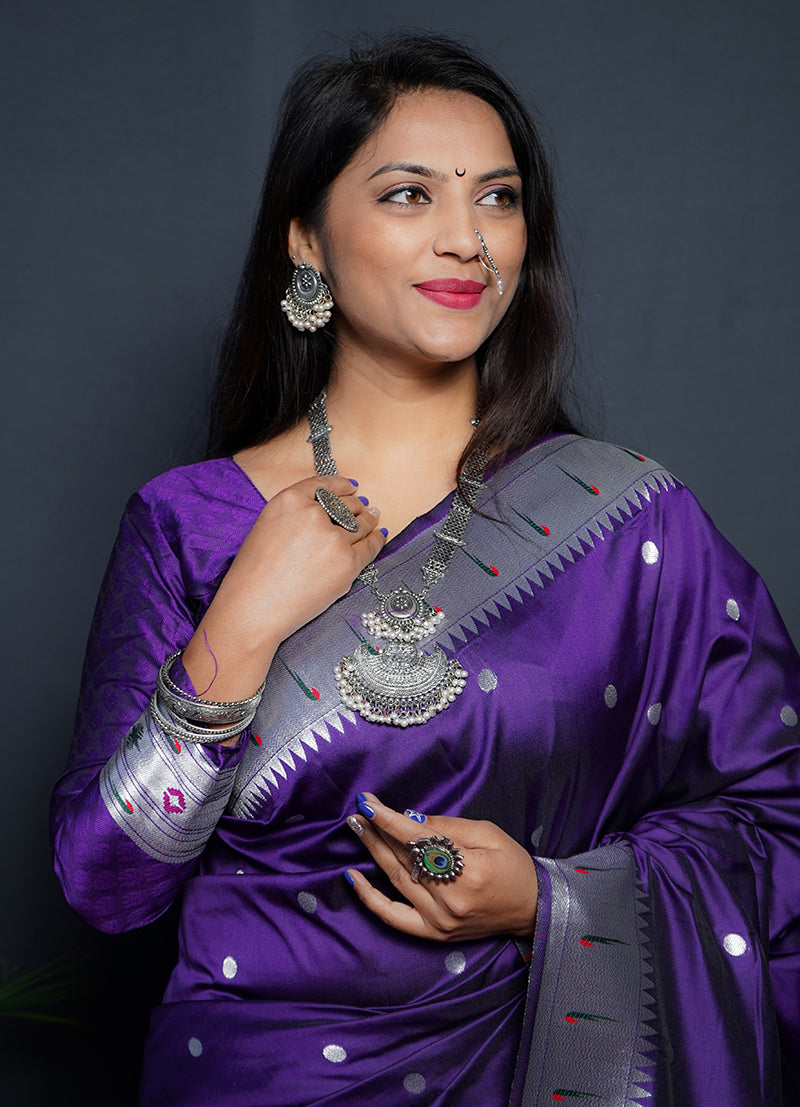 Monjolika Fashion Purple Paithani Silk Blend Saree with Silver Zari Border | Grocsy