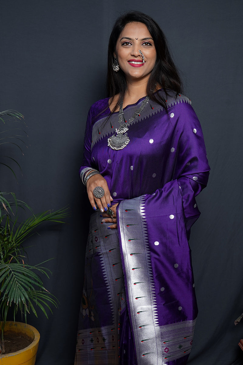 Monjolika Fashion Purple Paithani Silk Blend Saree with Silver Zari Border | Grocsy