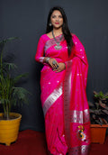 Monjolika Fashion Rani Pink Paithani Silk Blend Saree with Silver Zari Border | Grocsy