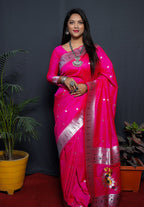 Monjolika Fashion Rani Pink Paithani Silk Blend Saree with Silver Zari Border | Grocsy
