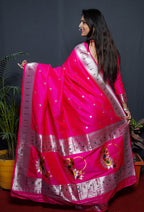 Monjolika Fashion Rani Pink Paithani Silk Blend Saree with Silver Zari Border | Grocsy