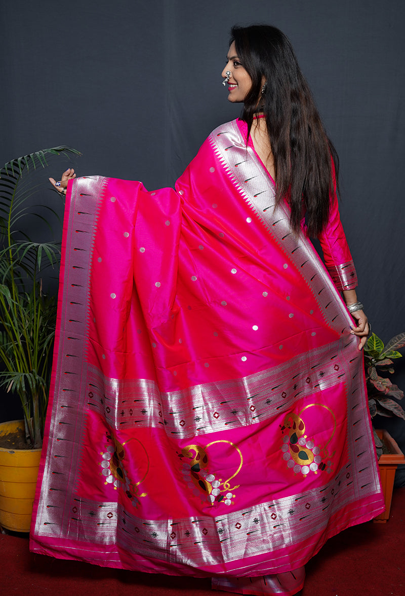 Monjolika Fashion Rani Pink Paithani Silk Blend Saree with Silver Zari Border | Grocsy