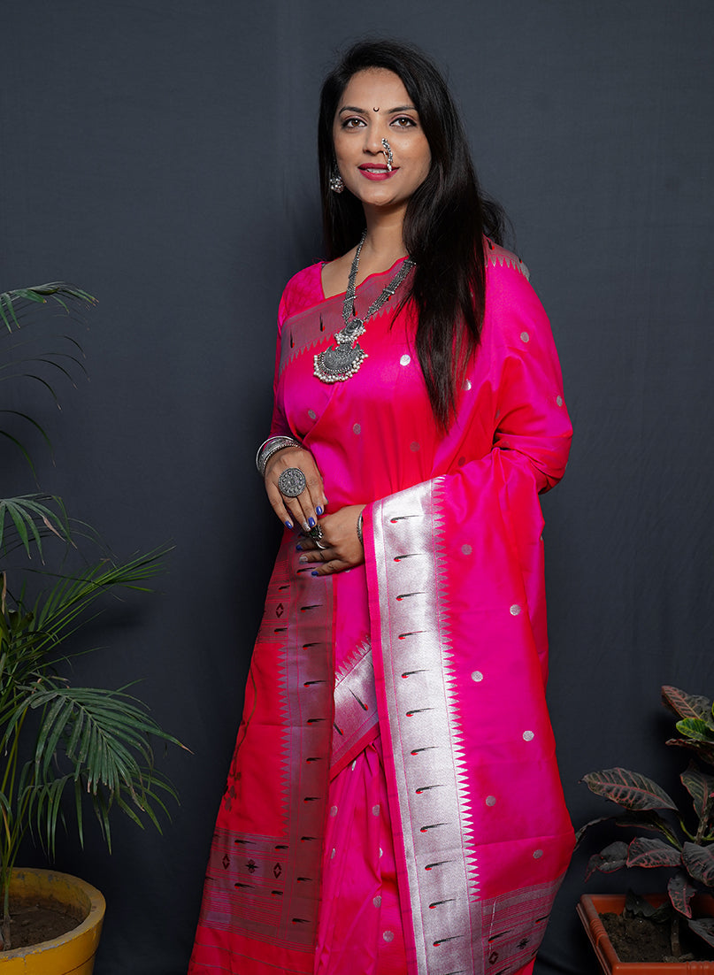 Monjolika Fashion Rani Pink Paithani Silk Blend Saree with Silver Zari Border | Grocsy