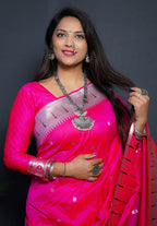 Monjolika Fashion Rani Pink Paithani Silk Blend Saree with Silver Zari Border | Grocsy