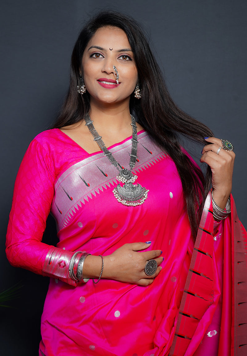Monjolika Fashion Rani Pink Paithani Silk Blend Saree with Silver Zari Border | Grocsy