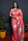 Monjolika Fashion Peach Paithani Silk Blend Saree with Silver Zari Border | Grocsy