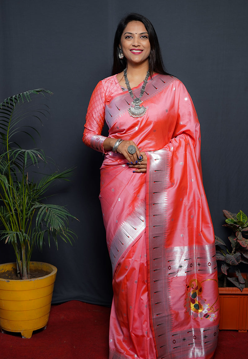 Monjolika Fashion Peach Paithani Silk Blend Saree with Silver Zari Border | Grocsy