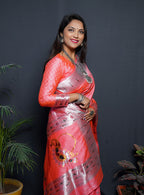 Monjolika Fashion Peach Paithani Silk Blend Saree with Silver Zari Border | Grocsy