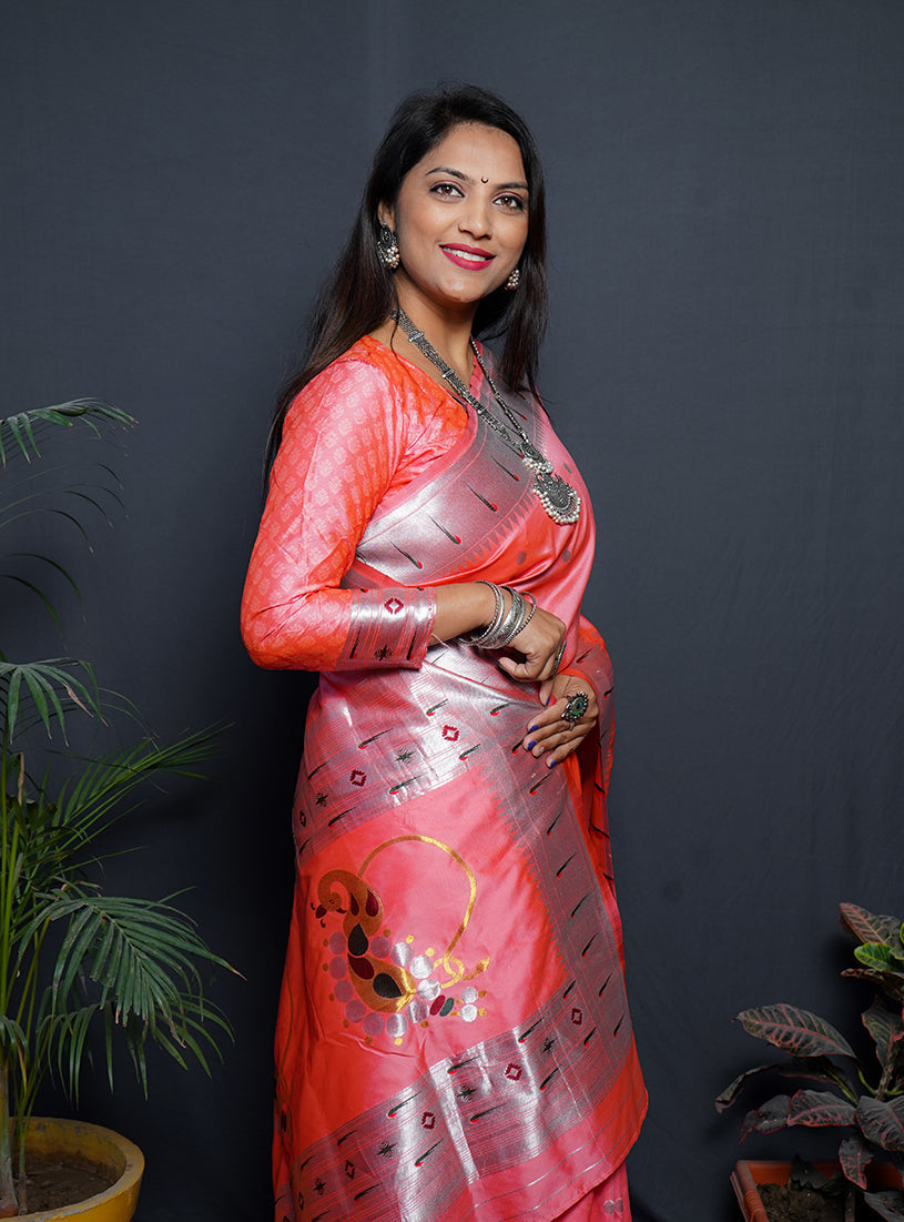 Monjolika Fashion Peach Paithani Silk Blend Saree with Silver Zari Border | Grocsy