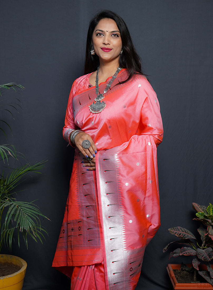 Monjolika Fashion Peach Paithani Silk Blend Saree with Silver Zari Border | Grocsy