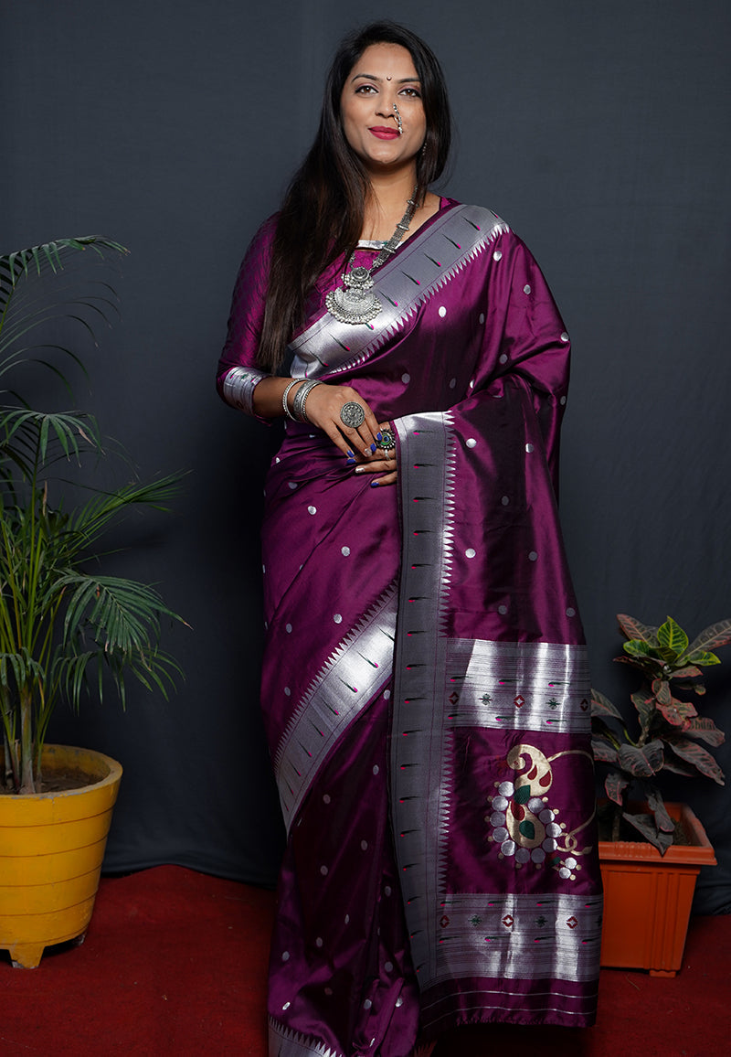 Monjolika Fashion Wine Paithani Silk Blend Saree with Silver Zari Border | Grocsy