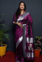 Monjolika Fashion Wine Paithani Silk Blend Saree with Silver Zari Border | Grocsy