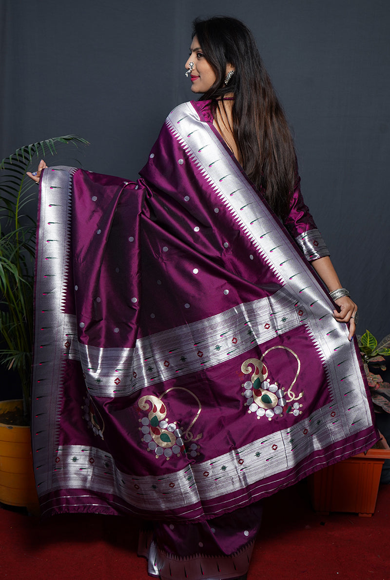 Monjolika Fashion Wine Paithani Silk Blend Saree with Silver Zari Border | Grocsy
