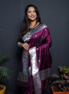 Monjolika Fashion Wine Paithani Silk Blend Saree with Silver Zari Border | Grocsy